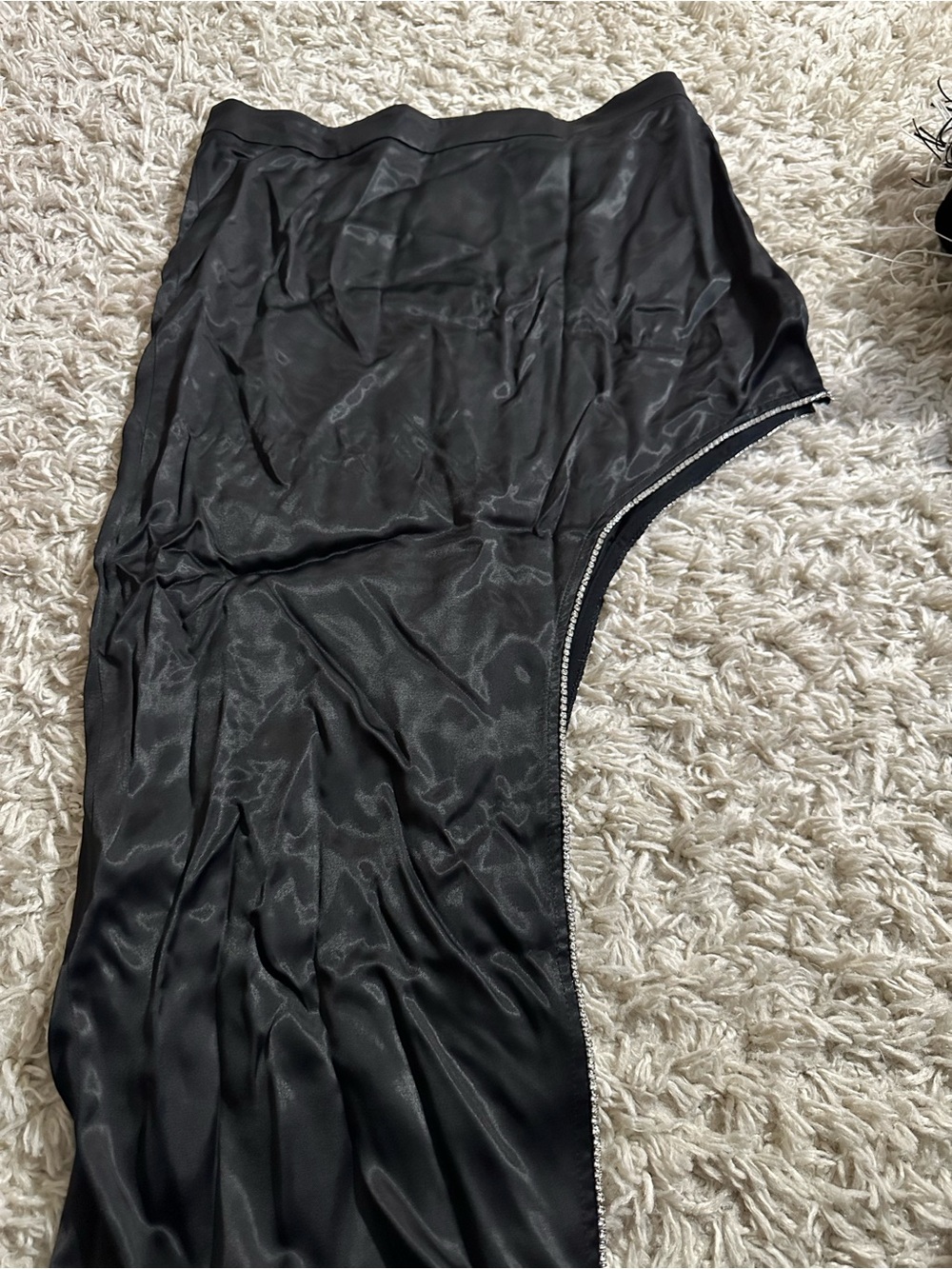 Black Asymmetrical Satin Dress with Rhinestone Trim